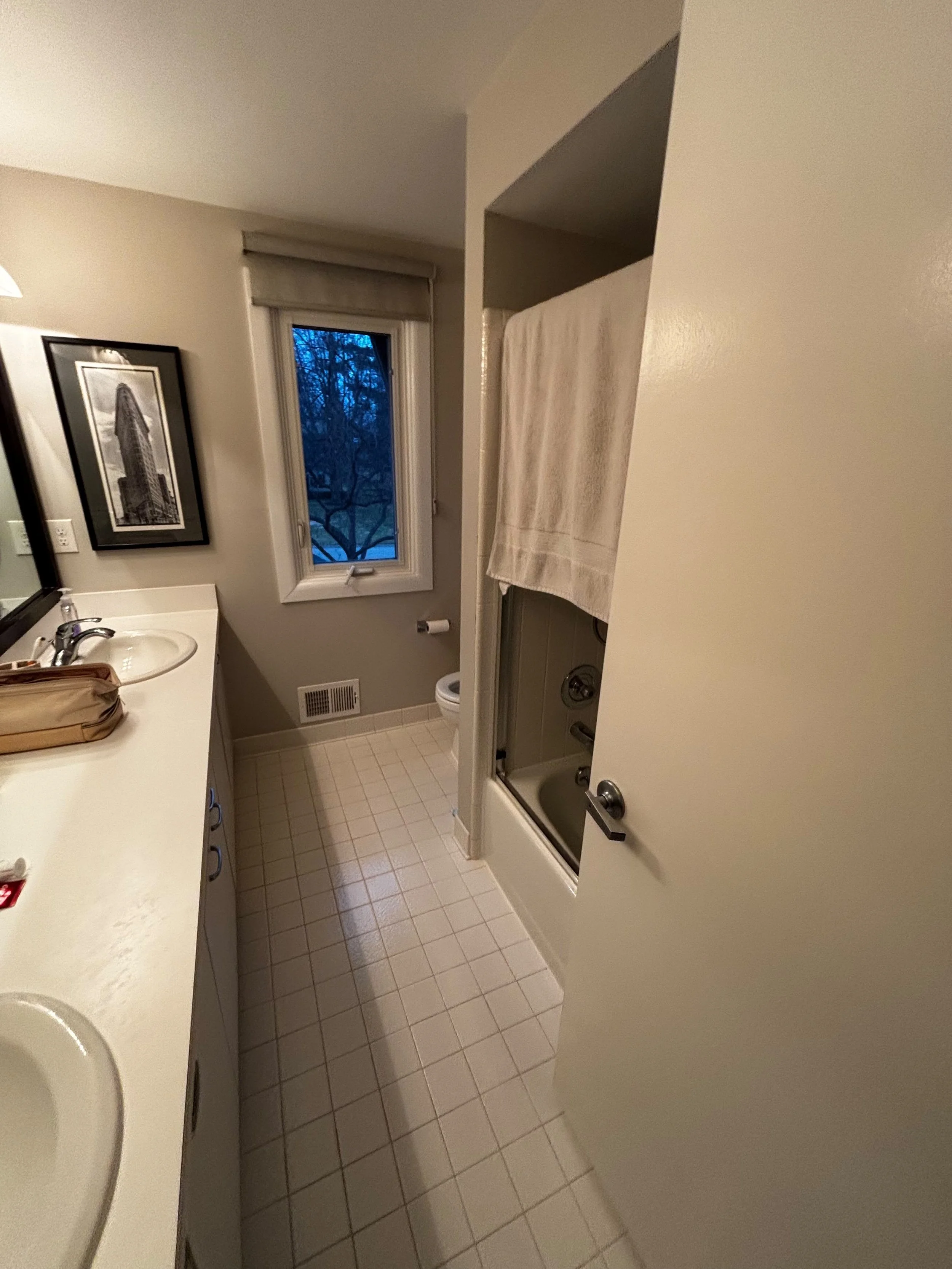 Before bathroom remodel in Rochester, MI showing outdated vanity, flooring, and layout before a complete renovation by Edil Gjoni Remodeling.
