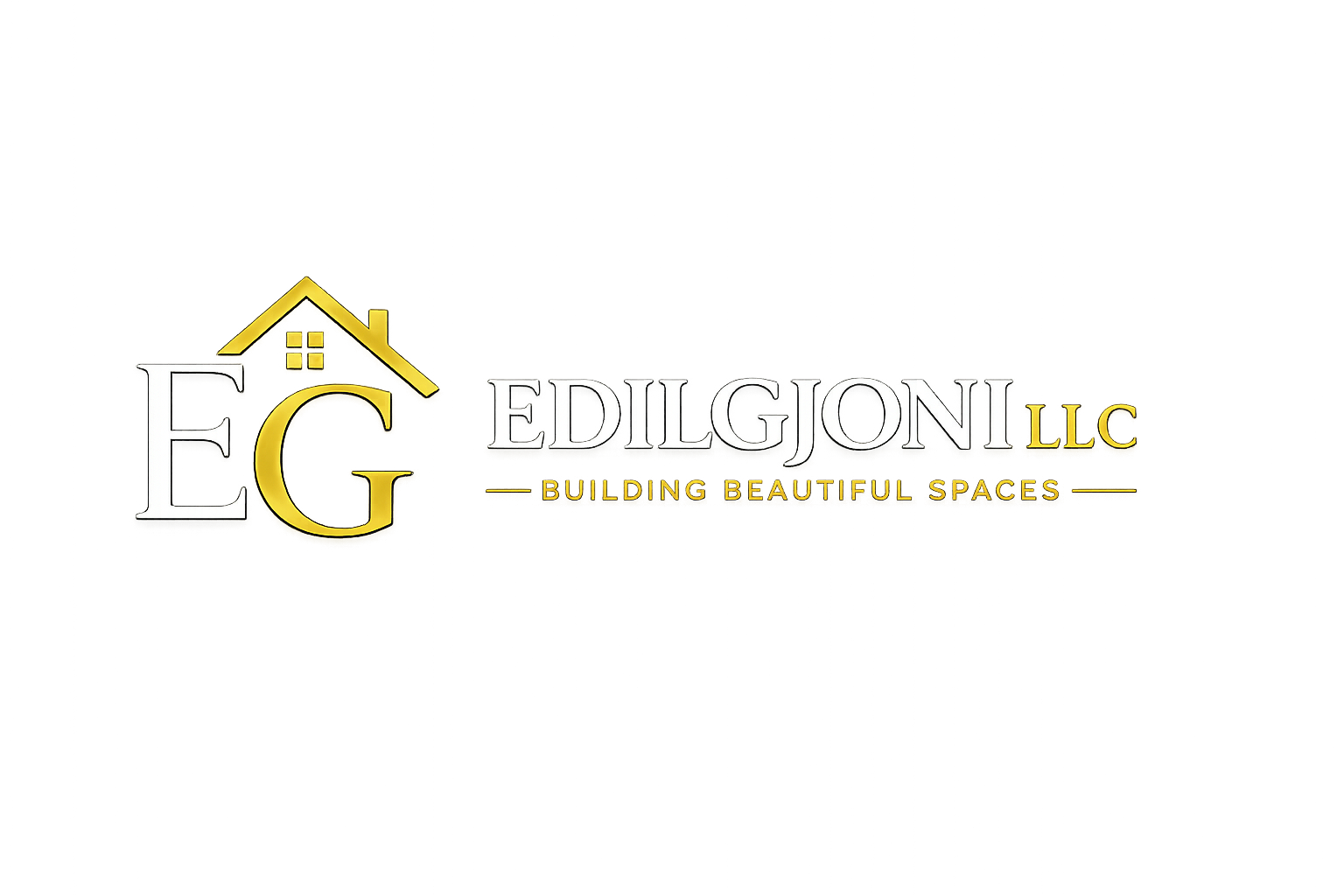 Logo for Ediljoni LLC with a tagline Building Beautiful Spaces, featuring large stylized letters E and G, a yellow house icon, and a background with abstract streaks of color.