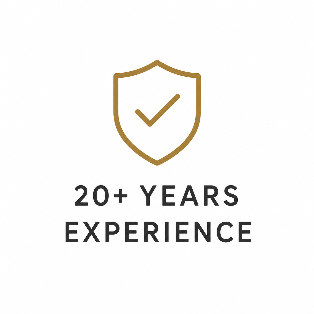 Gold shield icon with check mark and text that reads "20+ Years Experience".