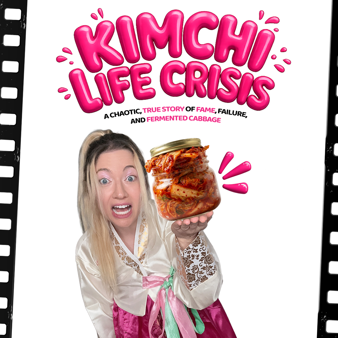 Book cover titled 'Kimchi Life Crisis' showing a woman in traditional Korean hanbok holding a jar of kimchi with an expressive face.