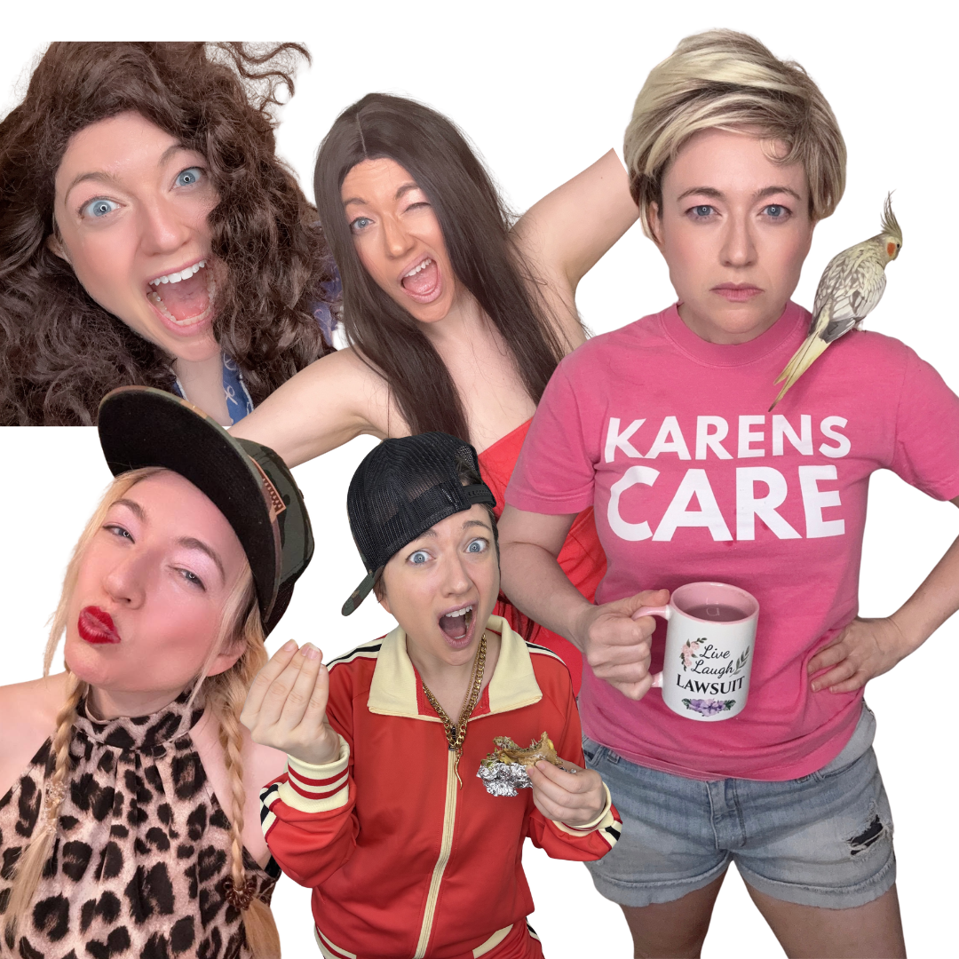 Group of five women with various expressions, one with a bird on her shoulder, and one holding a mug with the text "Live Laugh LAWSUIT."