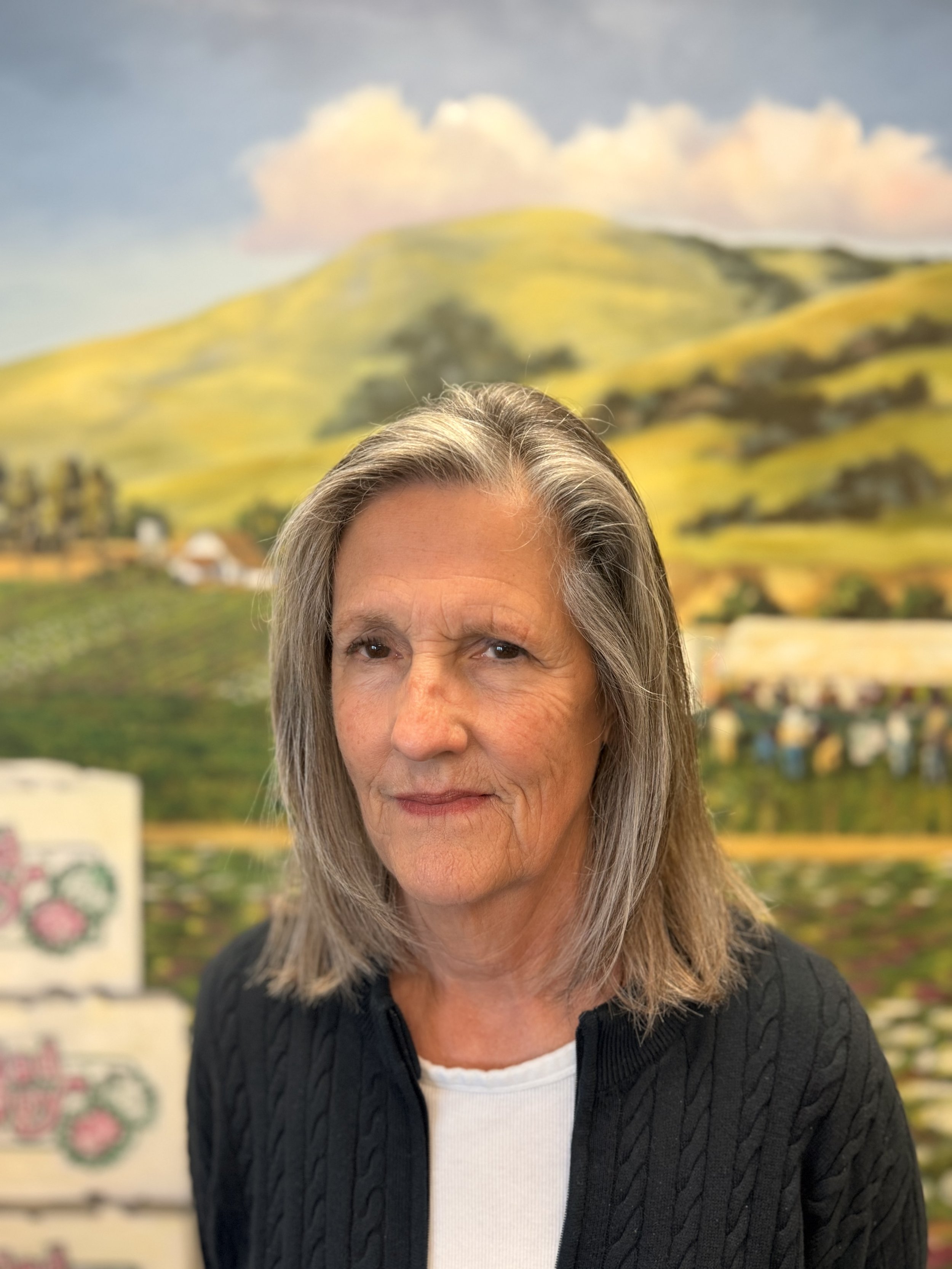 Close-up of a middle-aged woman with gray hair and a light complexion, wearing a black textured jacket over a white shirt, smiling in front of a colorful landscape painting featuring hills, clouds, and a small village.