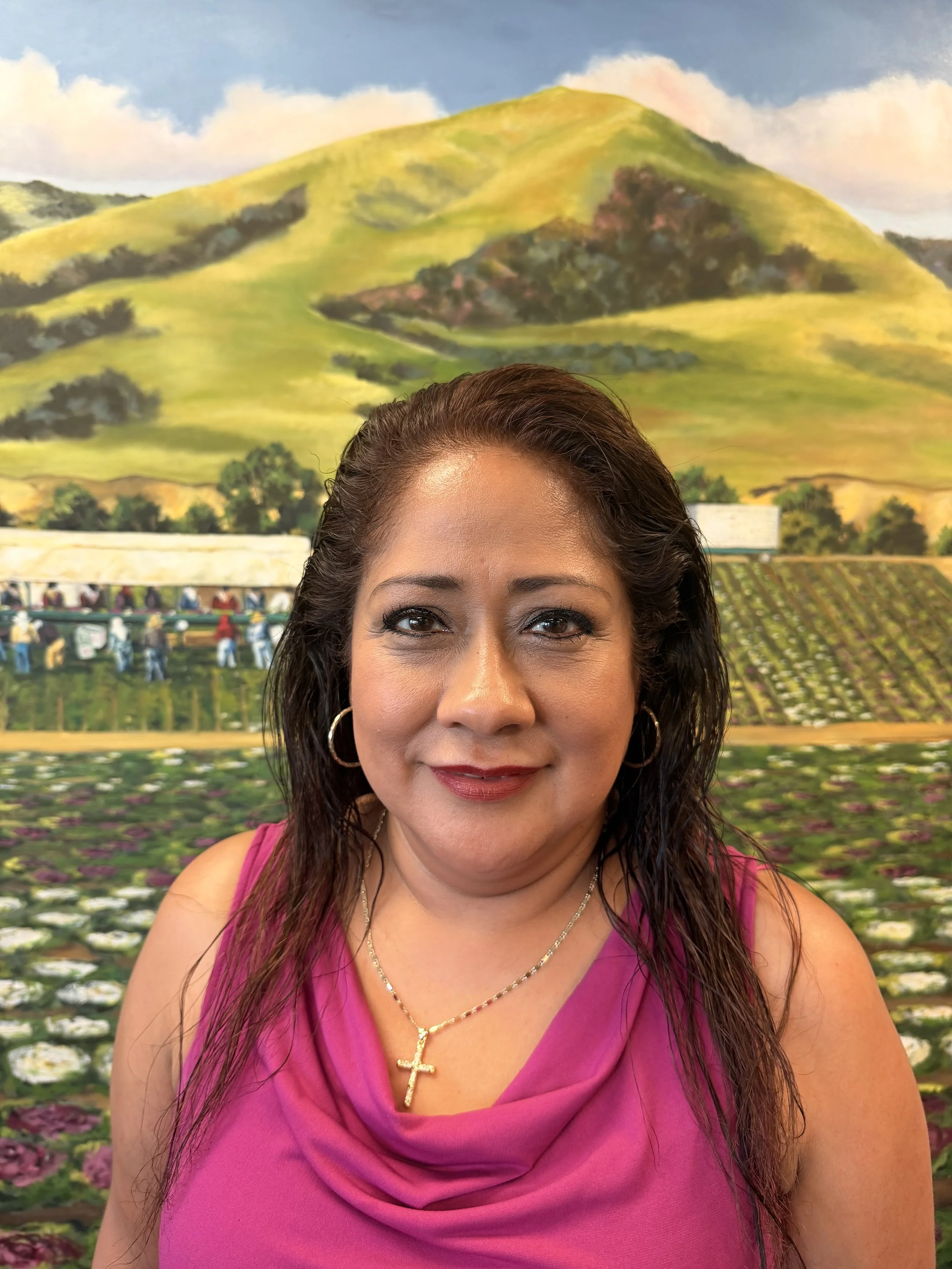 A woman with long dark hair, wearing hoop earrings, a gold necklace with a cross pendant, and a bright pink sleeveless top, standing in front of a vibrant landscape painting of rolling green hills with colorful fields and a blue sky with clouds.