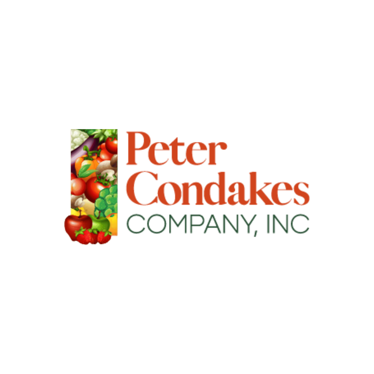 Logo for Peter Condakes Company, Inc. featuring a vertical strip of various vegetables and fruits including tomatoes, apples, garlic, broccoli, and eggplant, with text in orange and green reading 'Peter Condakes Company, Inc.'.
