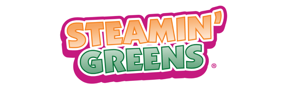 Colorful logo for 'Steamin' Greens' with orange, green, and white text on a black background.
