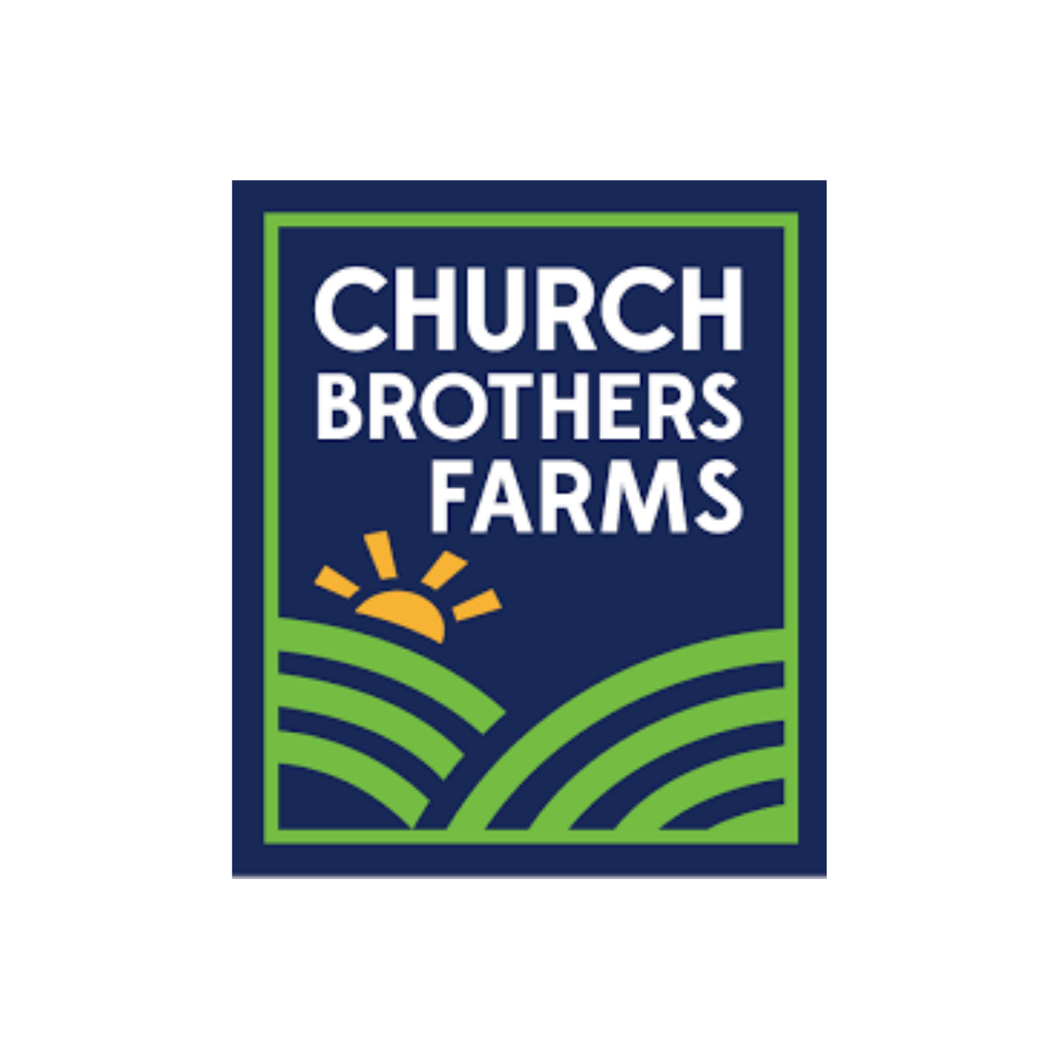 Logo of Church Brothers Farms with a yellow sun rising over green fields, on a blue background