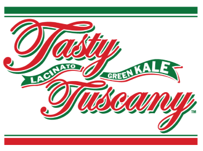 Logo for Tasty Tuscany featuring the words 'Tasty Tuscany' in red cursive font, with 'Lacinato Green Kale' on a green ribbon, set against a black background.