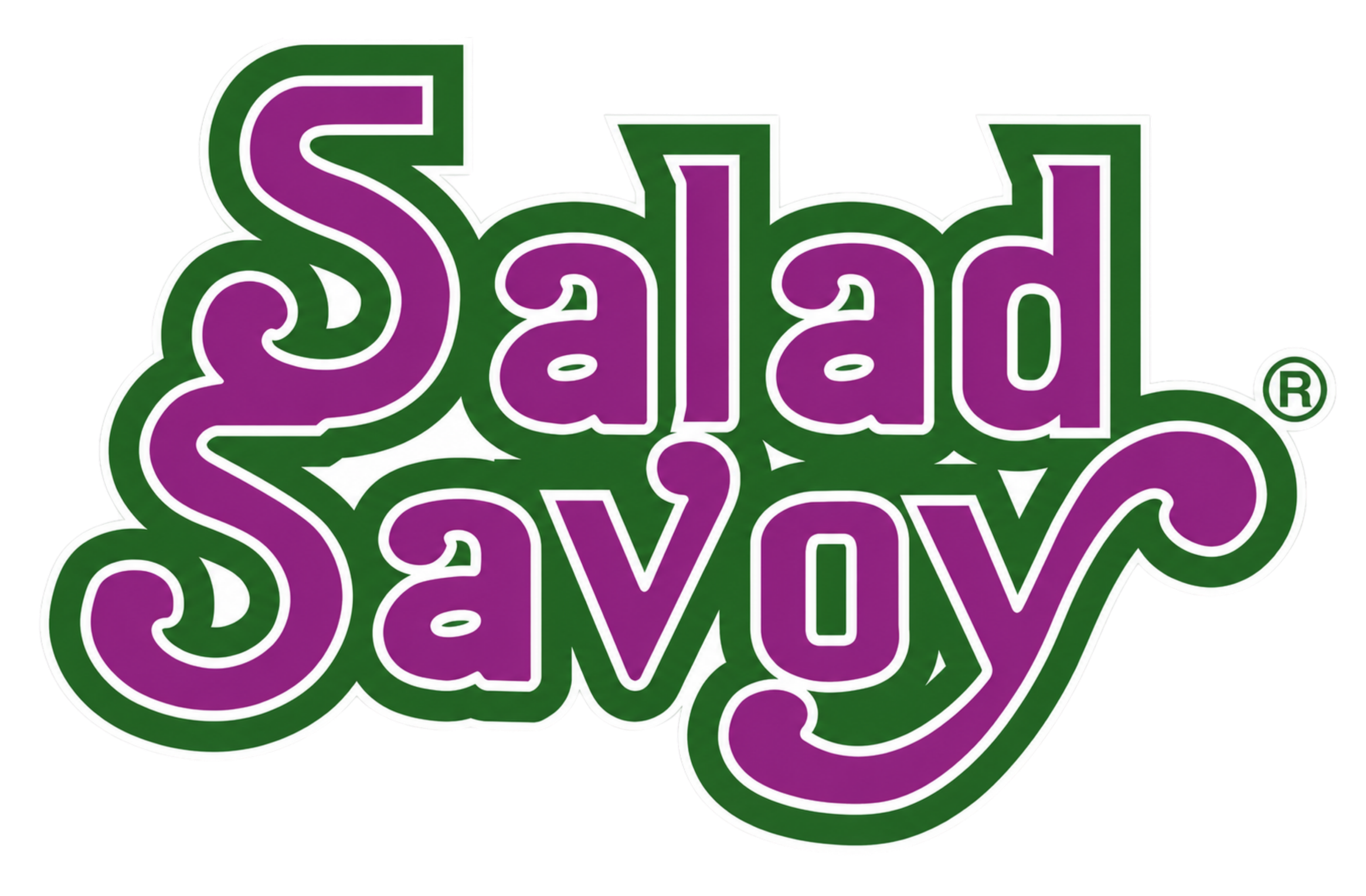 Colorful logo with the text 'Salad Savoy' in purple and green letters outlined in white.
