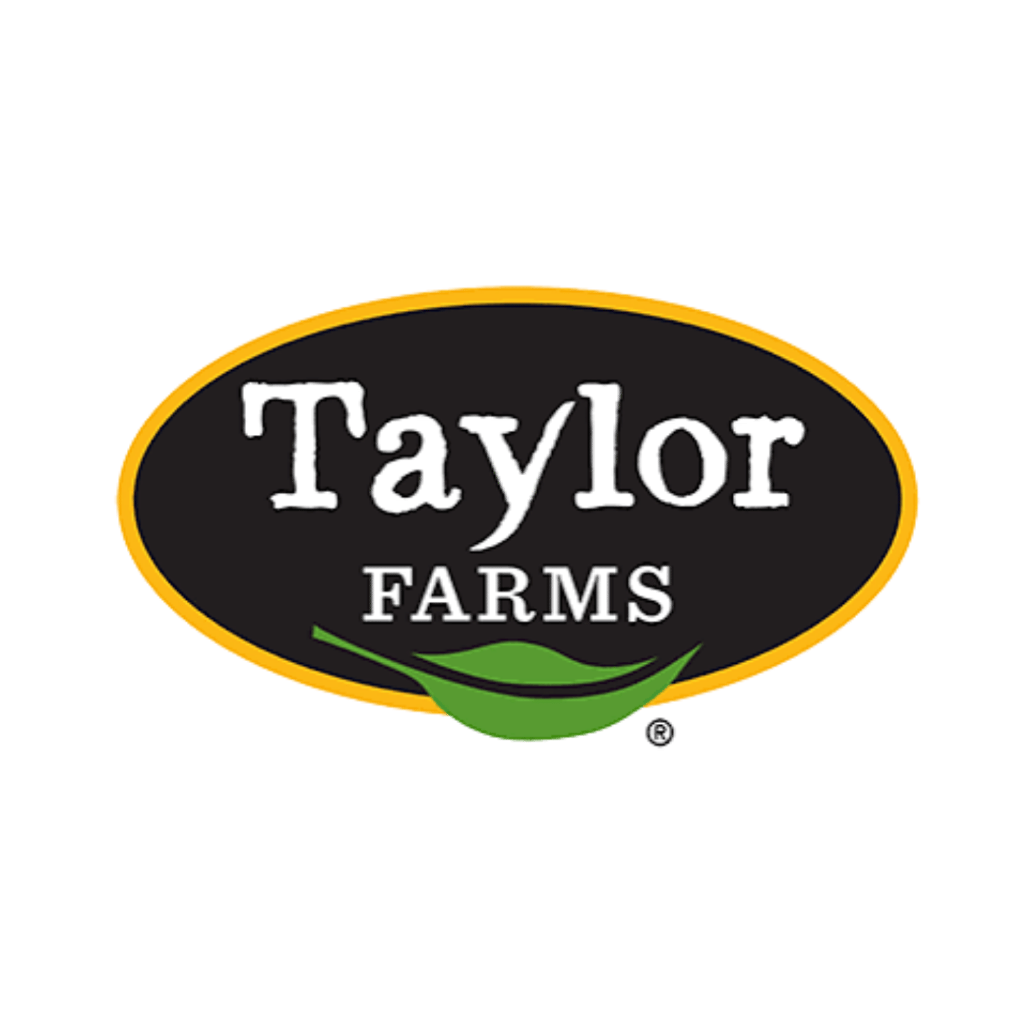 Logo for Taylor Farms with a black oval background, yellow border, and green leaf detail.