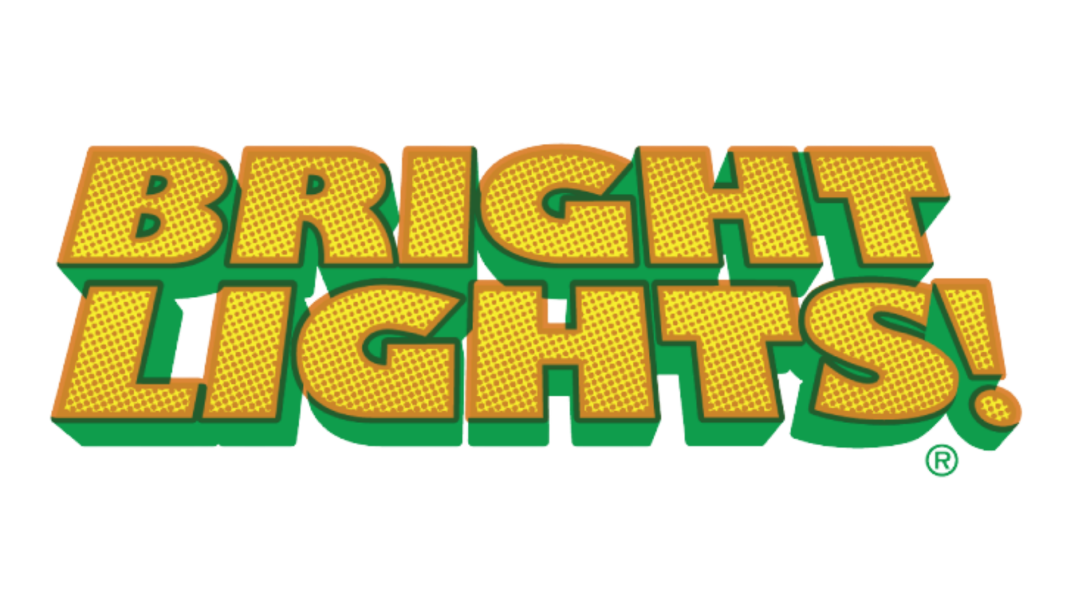 Text Logo reading "Bright Lights!" with yellow, dot-patterned letters outlined in orange and green.