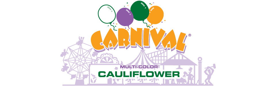 Colorful carnival logo featuring balloons, a Ferris wheel, a carousel, a house-like structure, and a person with a balloon, with the words "Carnival Multi-Color Cauliflower" in bold letters.