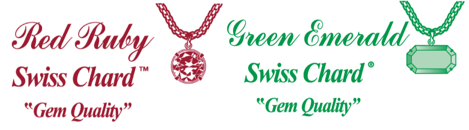 Images of two necklaces with gemstone pendants: one red ruby with a round gemstone, and one green emerald with a rectangular gemstone, both labeled as Swiss Chard Gem Quality.
