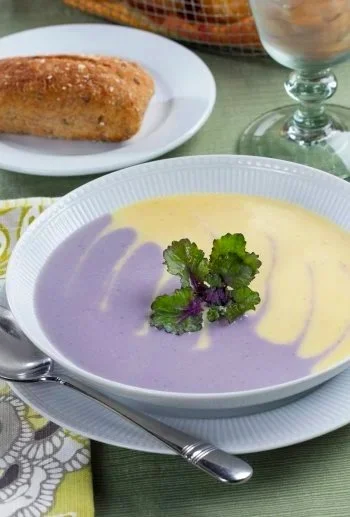 Bowl of creamy soup garnished with cilantro, with a piece of bread and a glass of water in the background.