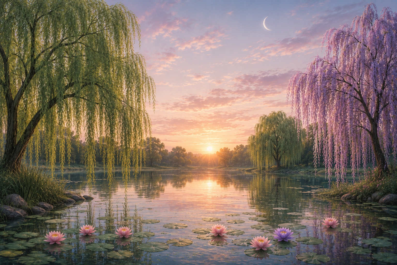 Soft image of water with the sun setting, weeping willow trees hanging over the water, and lilypad's floating in the water. Where Paths Meet and Healing Begins.
