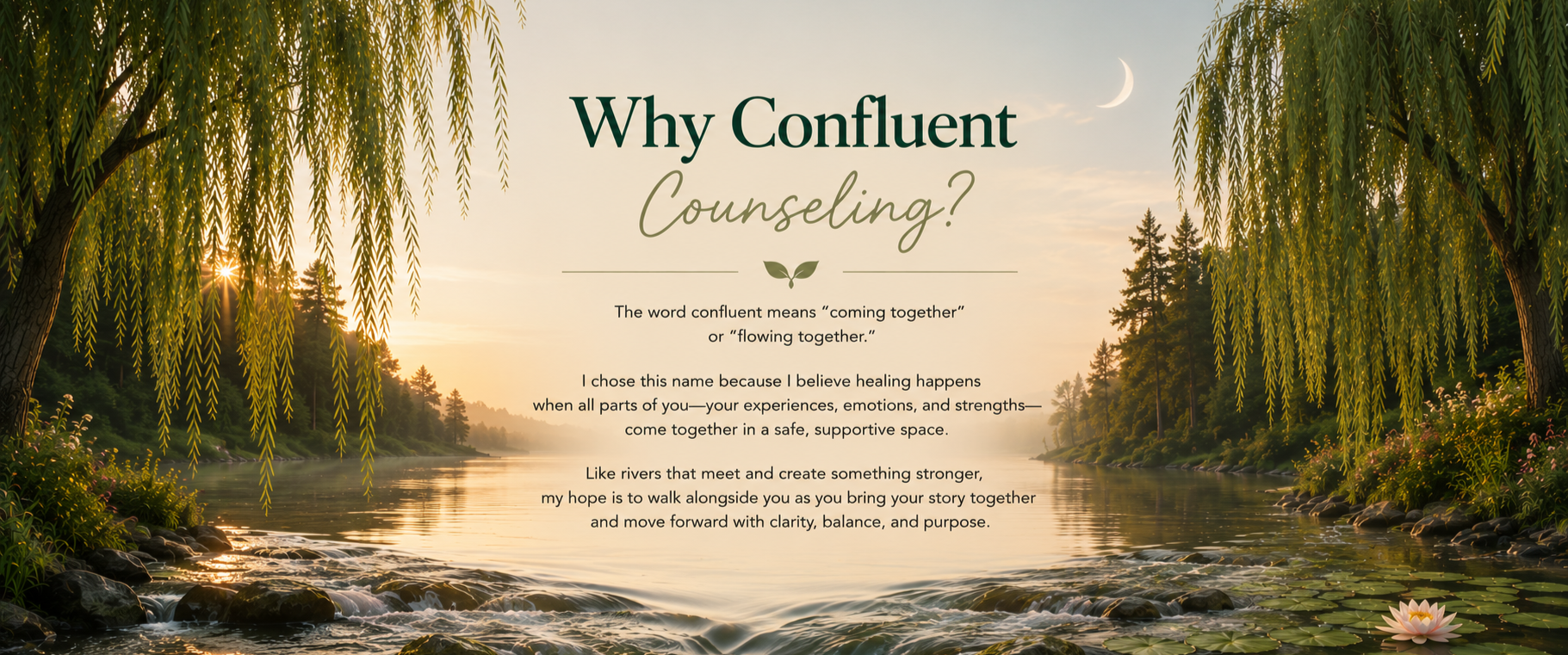 Serene river scene at sunset with overhanging willow trees, a crescent moon in the sky, and a pink water lily on the water, with a text overlay about confluent counseling.