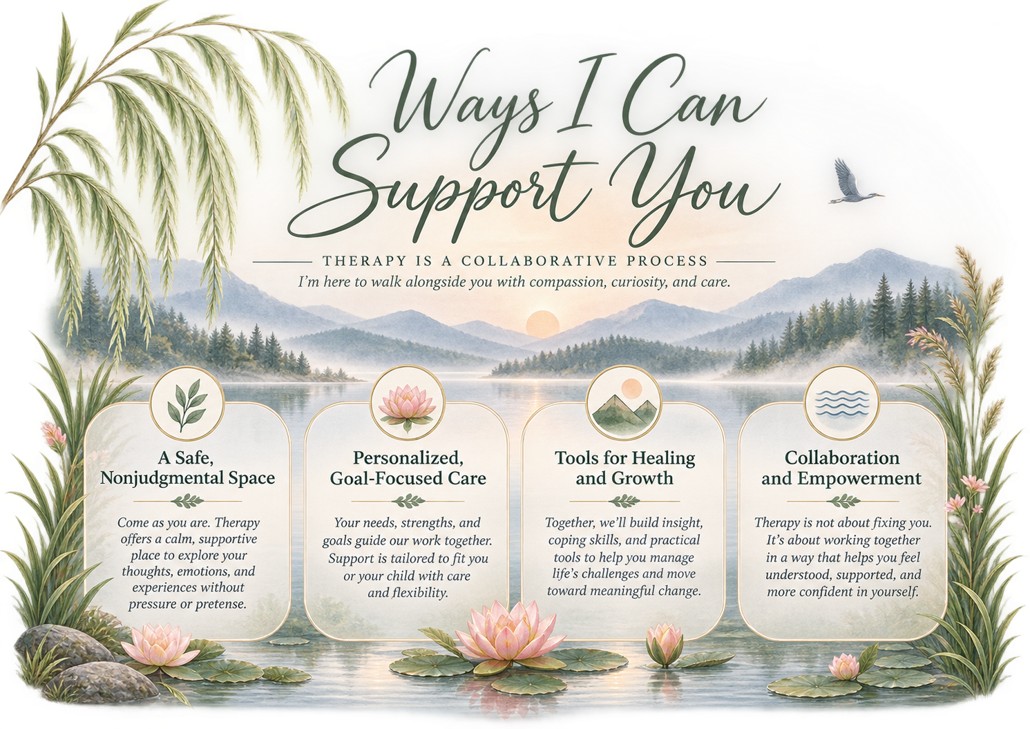 Ways I can support you. Therapy is a collaborative process. I'm here to walk alongside you with compassion, curiosity, and care. A safe nonjudgmental space; personalized, goal-focused care; tools for healing and growth; collaboration and empowerment.