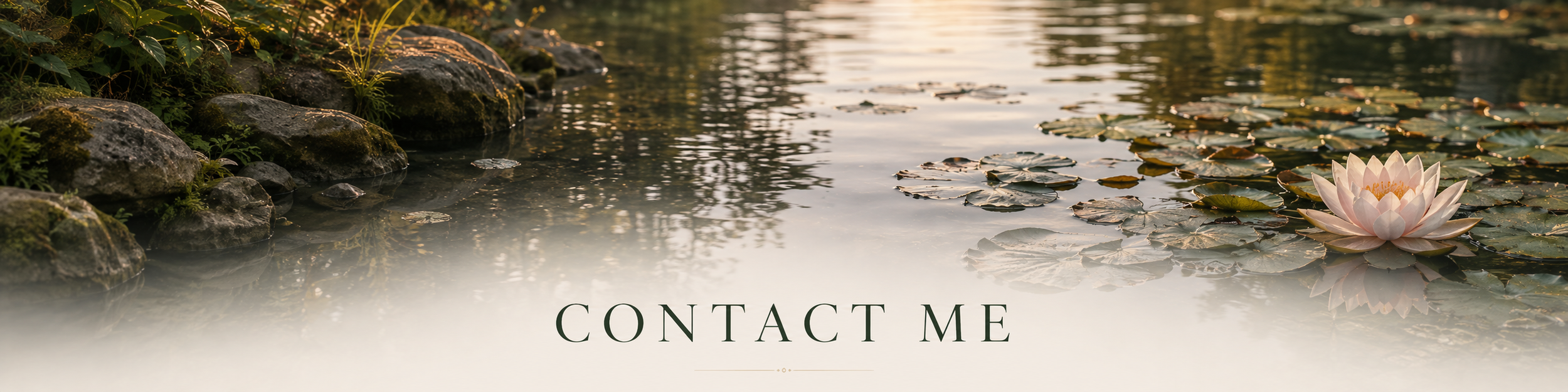 A peaceful pond with lily pads and a pink water lily flower, rocks on the shore, and a soft light reflection on the water, with the text "Contact Me" at the bottom.