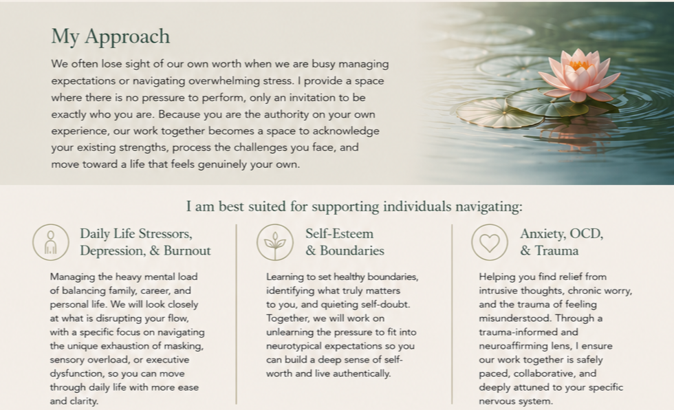 A wellness or therapy website with a calming header text titled 'My Approach' and an image of a pink water lily floating on a pond, surrounded by lily pads.