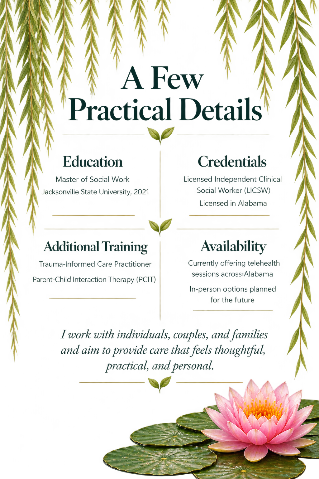 Image of a decorative background with hanging green leaves, a pink water lily flower with green lily pads, and text about a social work practice and education details.