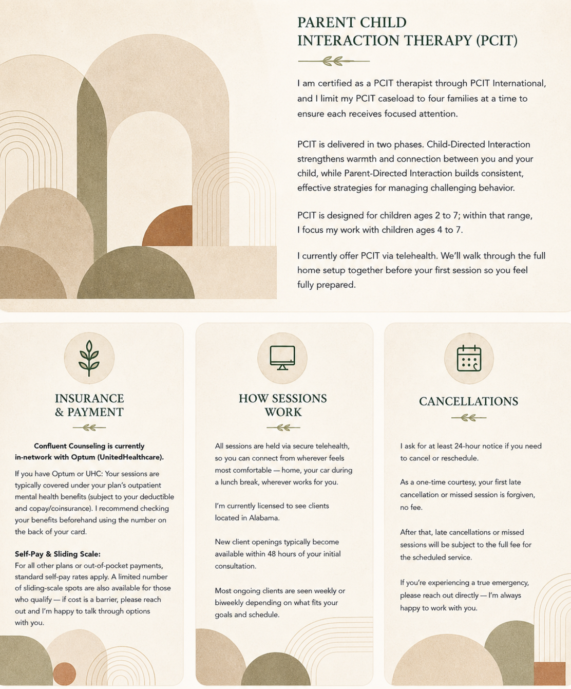 Information sheet about Parent-Child Interaction Therapy (PCIT), including details about session phases, age range, telehealth option, insurance, session process, and cancellations, with abstract geometric background design.