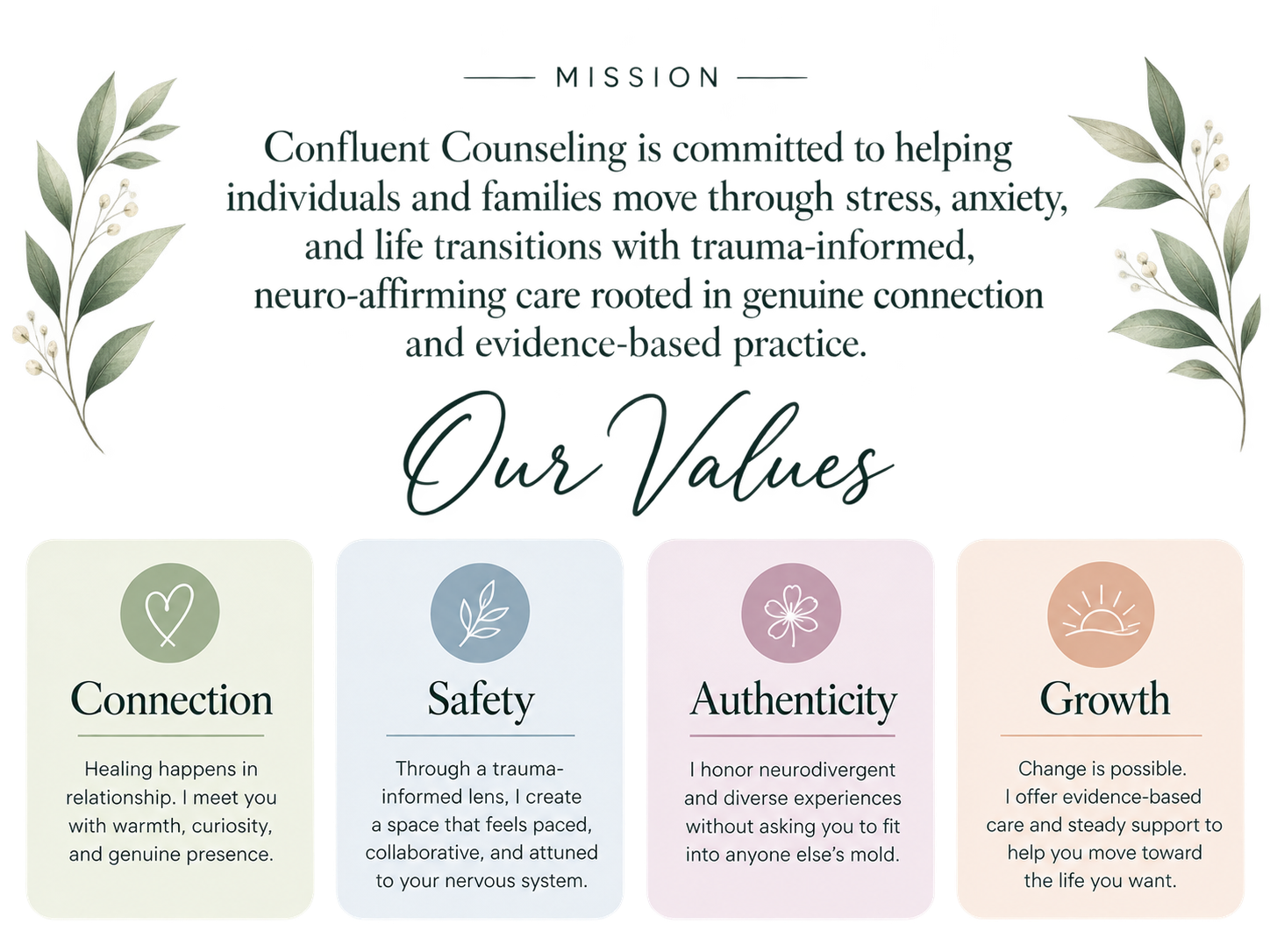 Mission statement: Confluent counseling is committed to helping individuals and families move through stress, anxiety, and life transitions with trauma-informed, neuro-affirming care rooted in genuine connection and evidenced-based practice.