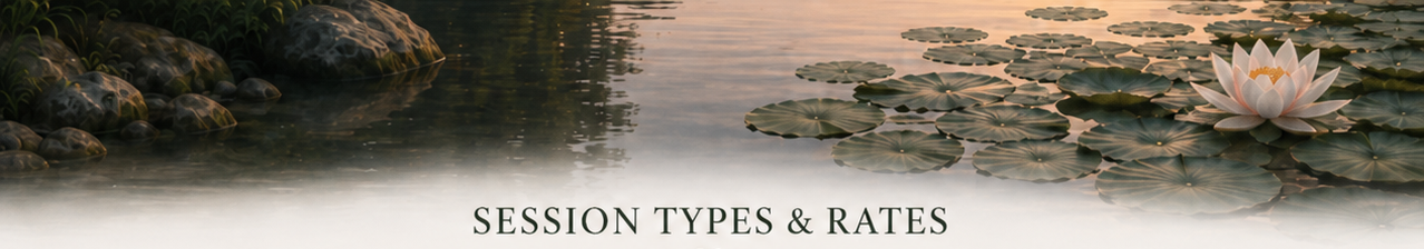 A serene pond with lily pads and a blooming white water lily at sunset.