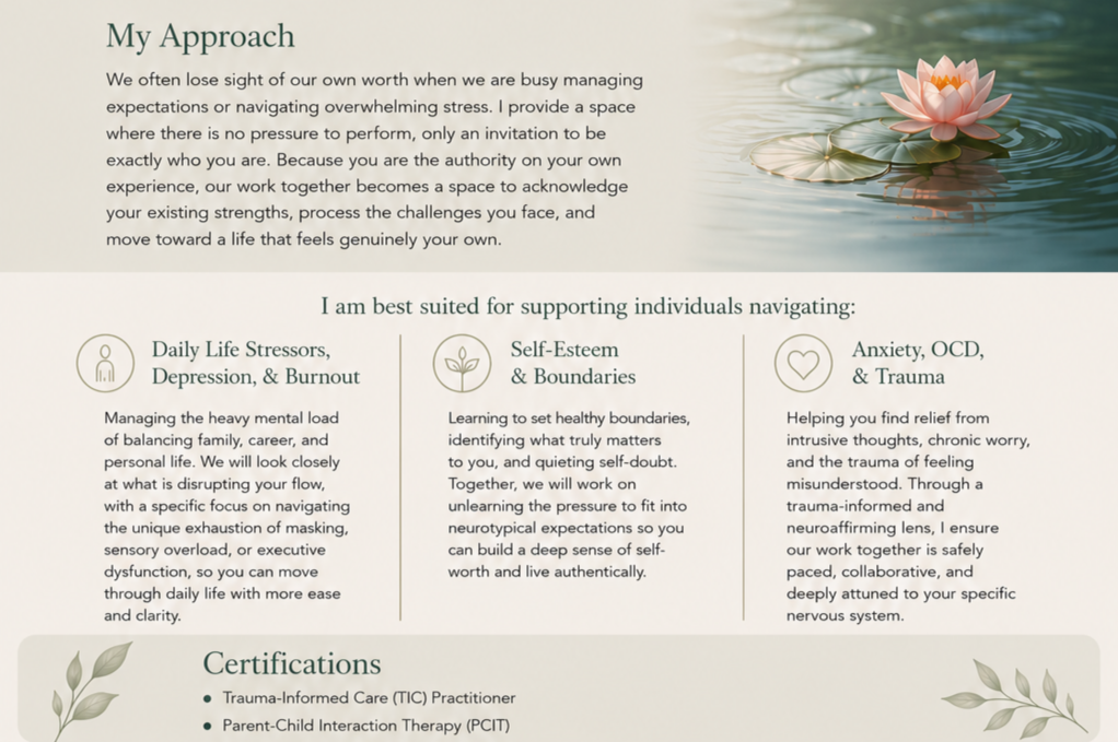 A wellness or therapy informational page with text and an image of a pink water lily on a pond, surrounded by lily pads.