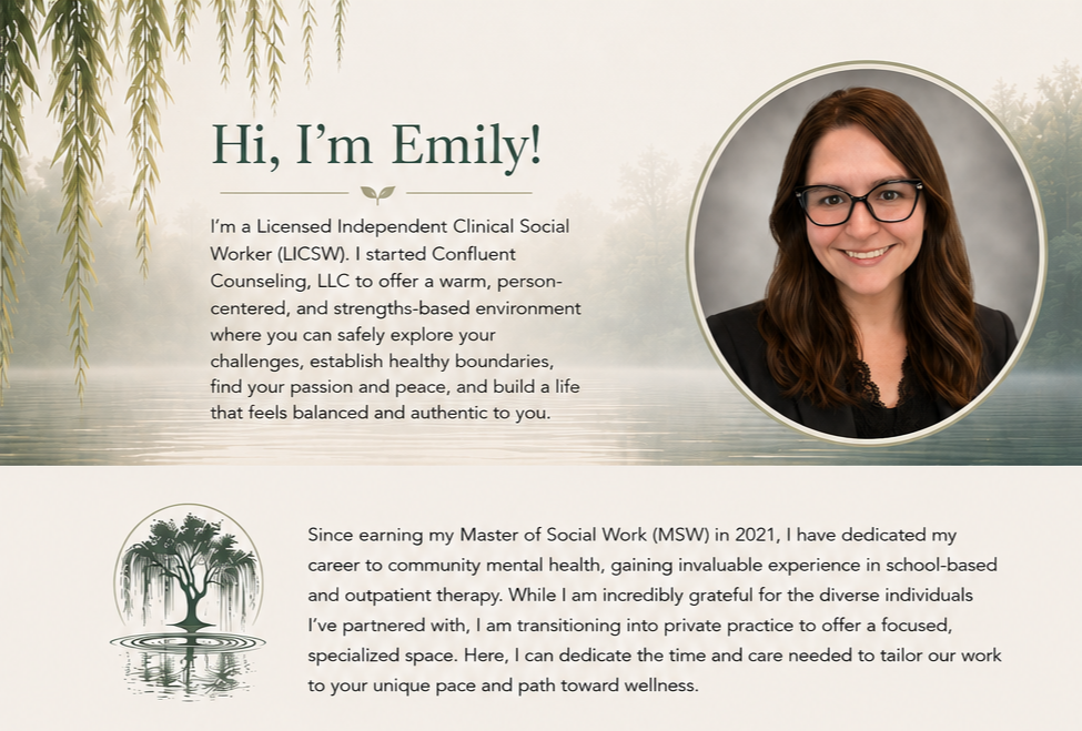 Introduction slide for Emily, a Licensed Independent Clinical Social Worker (LICSW), with a professional headshot, a serene nature background with hanging branches, and a logo of a tree over water.