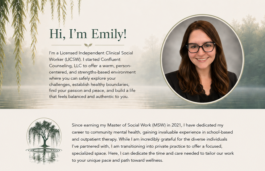 Professional biography of Emily, a licensed independent clinical social worker, featuring her photo, introduction, background, and focus on mental health counseling, with a nature-themed background.