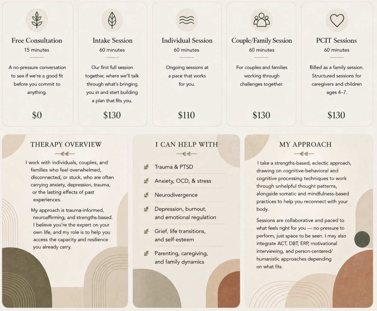 Information about therapy sessions, including free consultation, intake, individual, couple and family, and PCIT sessions, with descriptions and prices. Additional sections on therapy overview, areas of help, and approach.