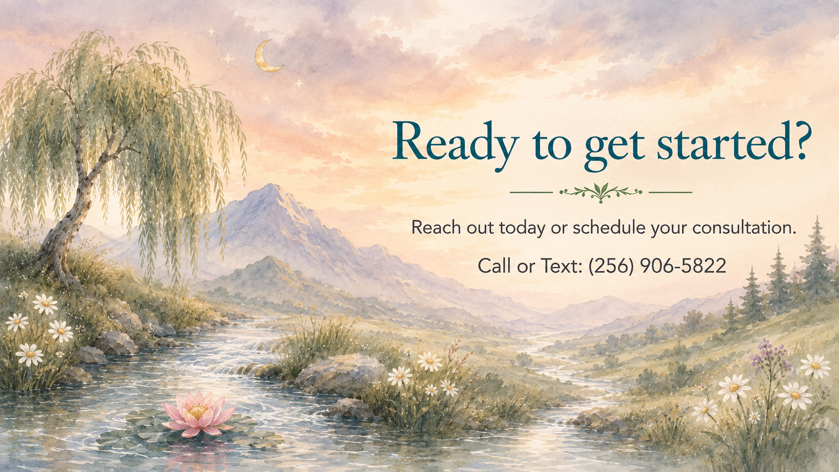A watercolor landscape featuring a river with a pink water lily, surrounded by wildflowers, trees, and mountains under a pastel sky with clouds, a crescent moon, and stars, promoting consultation services with contact details.