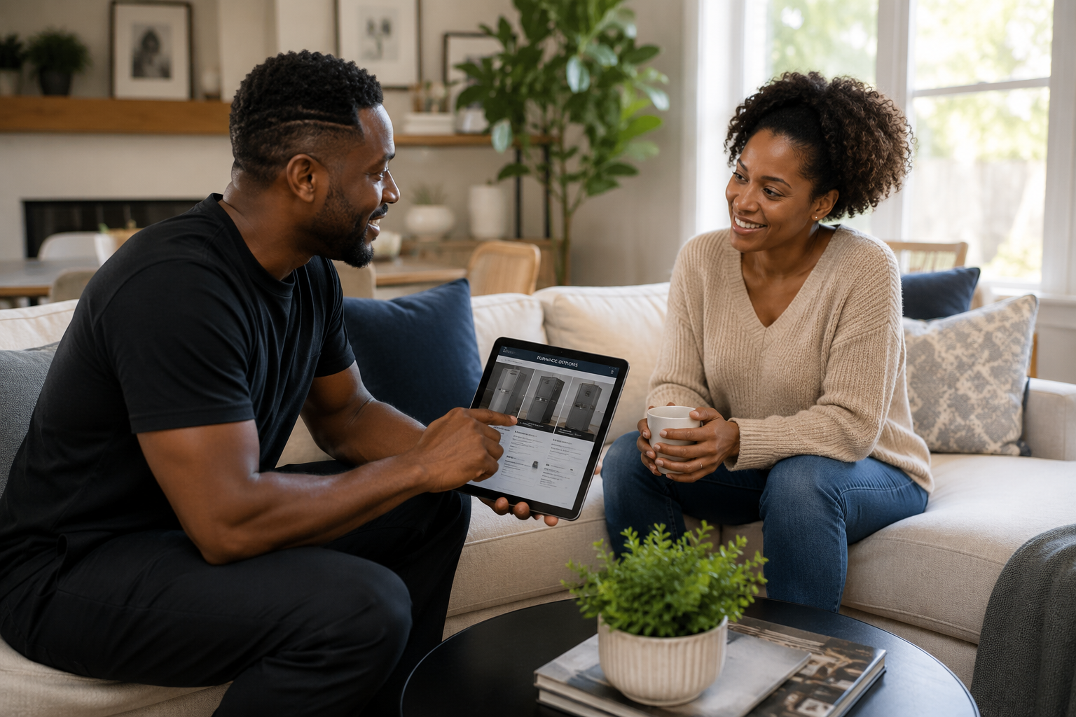 A man and woman sitting on a couch in a living room, talking and looking at a tablet. The woman is holding a mug and smiling. The room has a coffee table with a plant and magazines, and a window in the background.