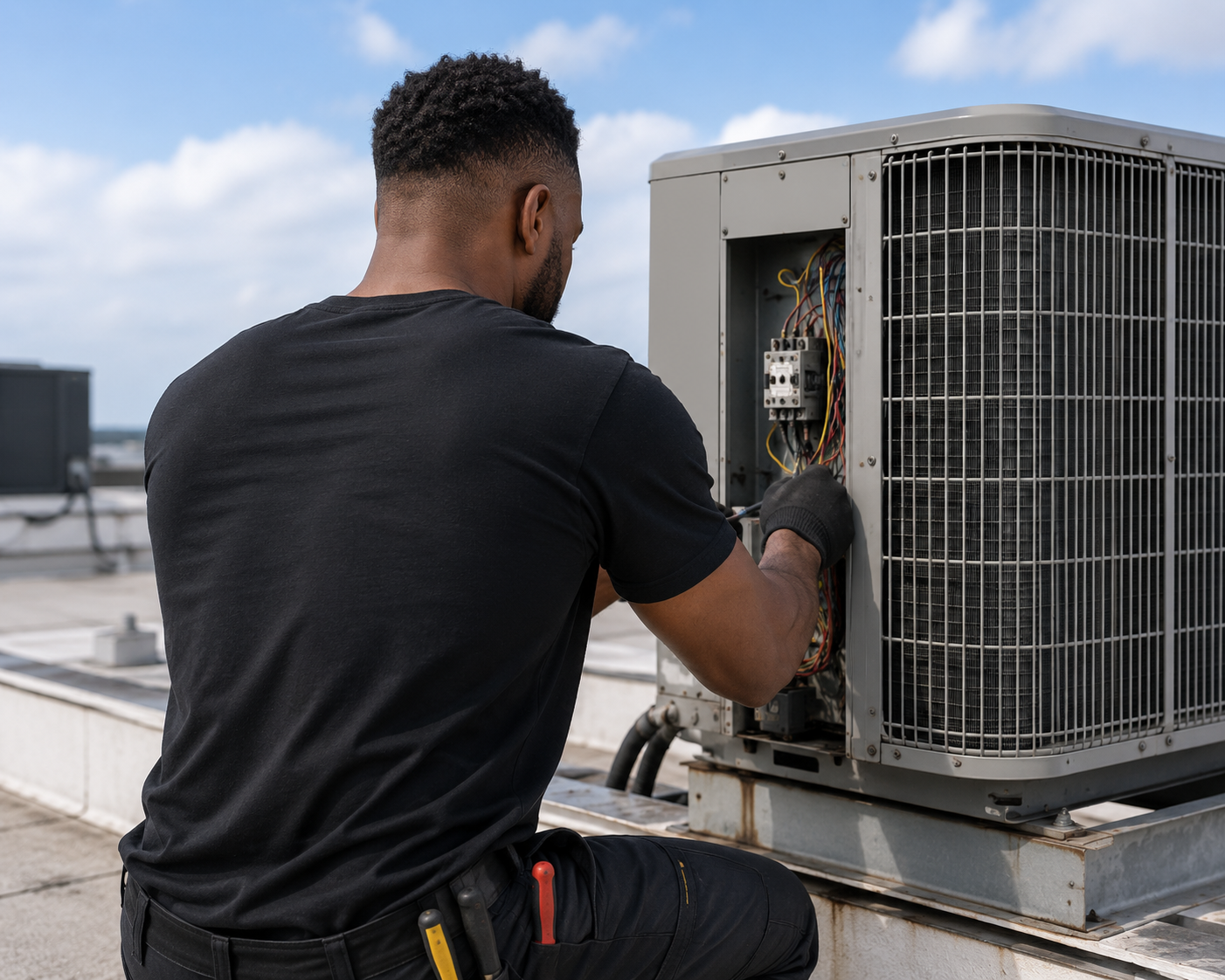 Technician working on an air conditioning unit on a rooftop.