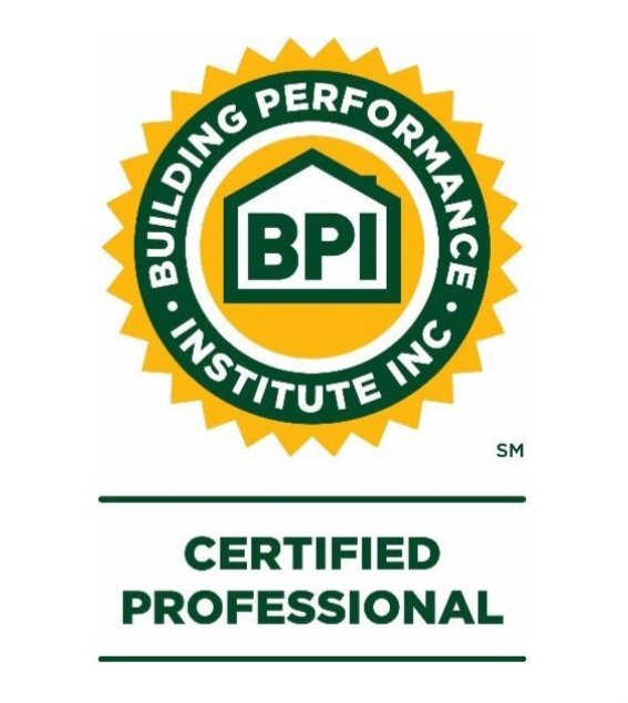 BPI Building Performance Institute Inc. logo with a green and yellow badge and the text "Certified Professional" underneath.