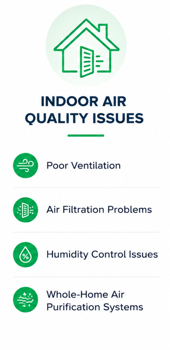 Graphic listing indoor air quality issues, including poor ventilation, air filtration problems, humidity control issues, and whole-home air purification systems.