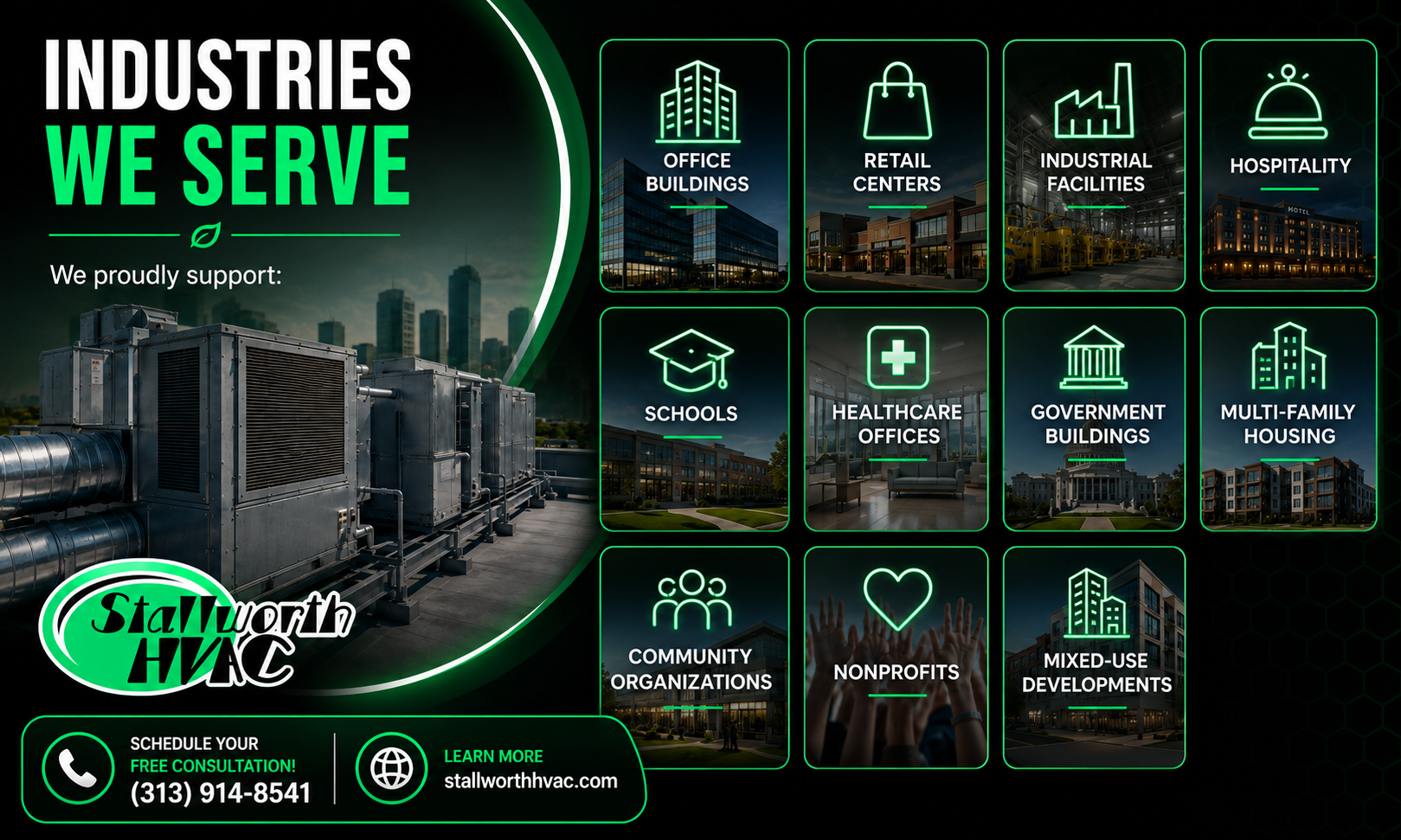 A digital infographic showcasing the industries supported by Stallworth HVAC, including office buildings, retail centers, industrial facilities, hospitality, schools, healthcare offices, government buildings, multi-family housing, community organizations, nonprofits, and mixed-use developments. It features images and icons representing each industry, with contact information and a website for the HVAC company.