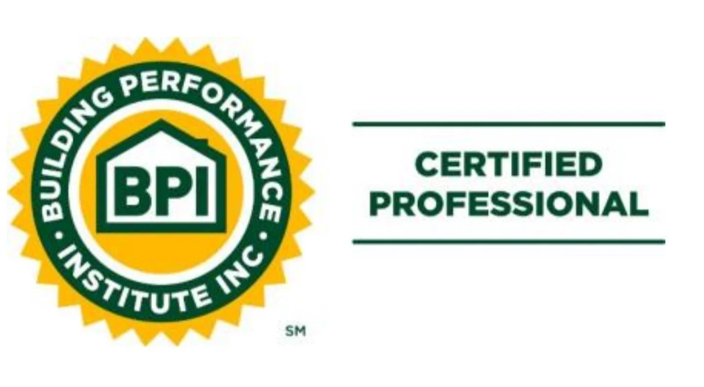 BPI Certified Professional badge with green and yellow seal and text indicating certification for building performance and institute