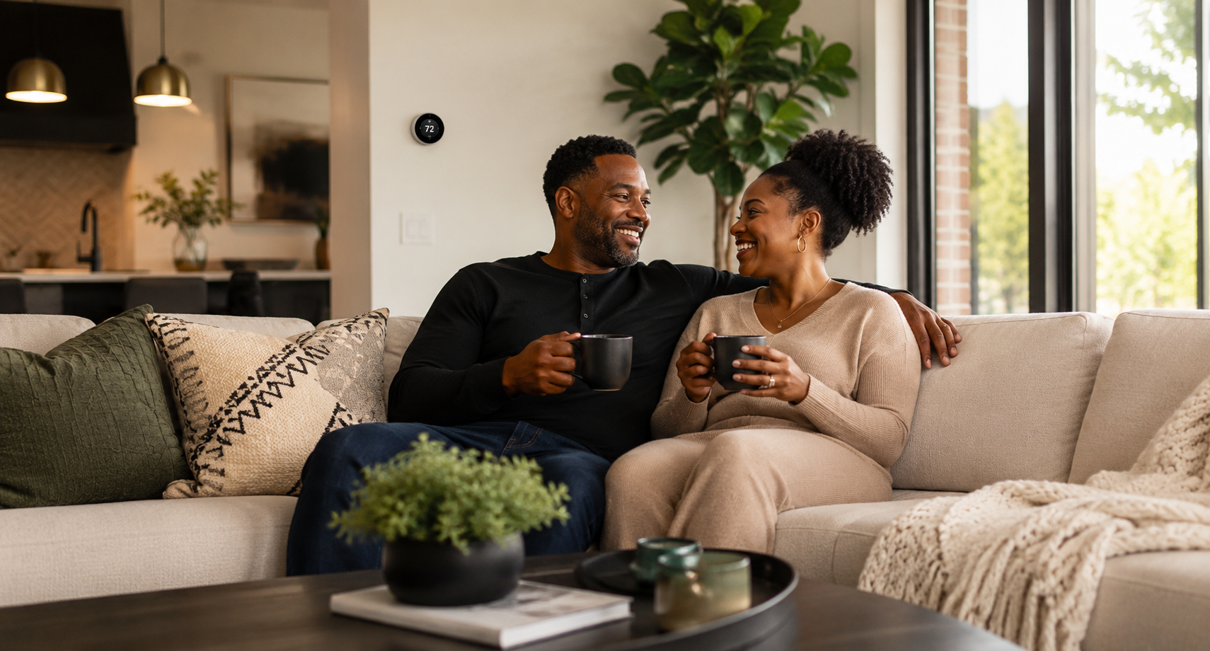 A happy couple sitting close together on a beige couch, holding black mugs and smiling at each other in a cozy living room with large windows, plants, and decorative pillows.
