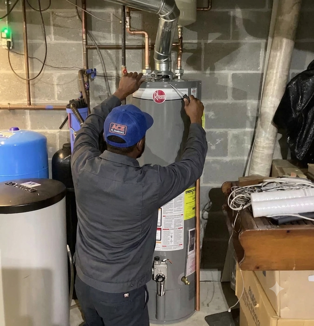 A technician working on a Rheem water heater in a basement, surrounded by copper pipes, a blue tank, and various tools and equipment.