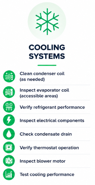List of cooling system maintenance steps with icons, including cleaning condenser coil, inspecting evaporator coil, verifying refrigerant performance, inspecting electrical components, checking condensate drain, verifying thermostat operation, inspecting blower motor, and testing cooling performance.