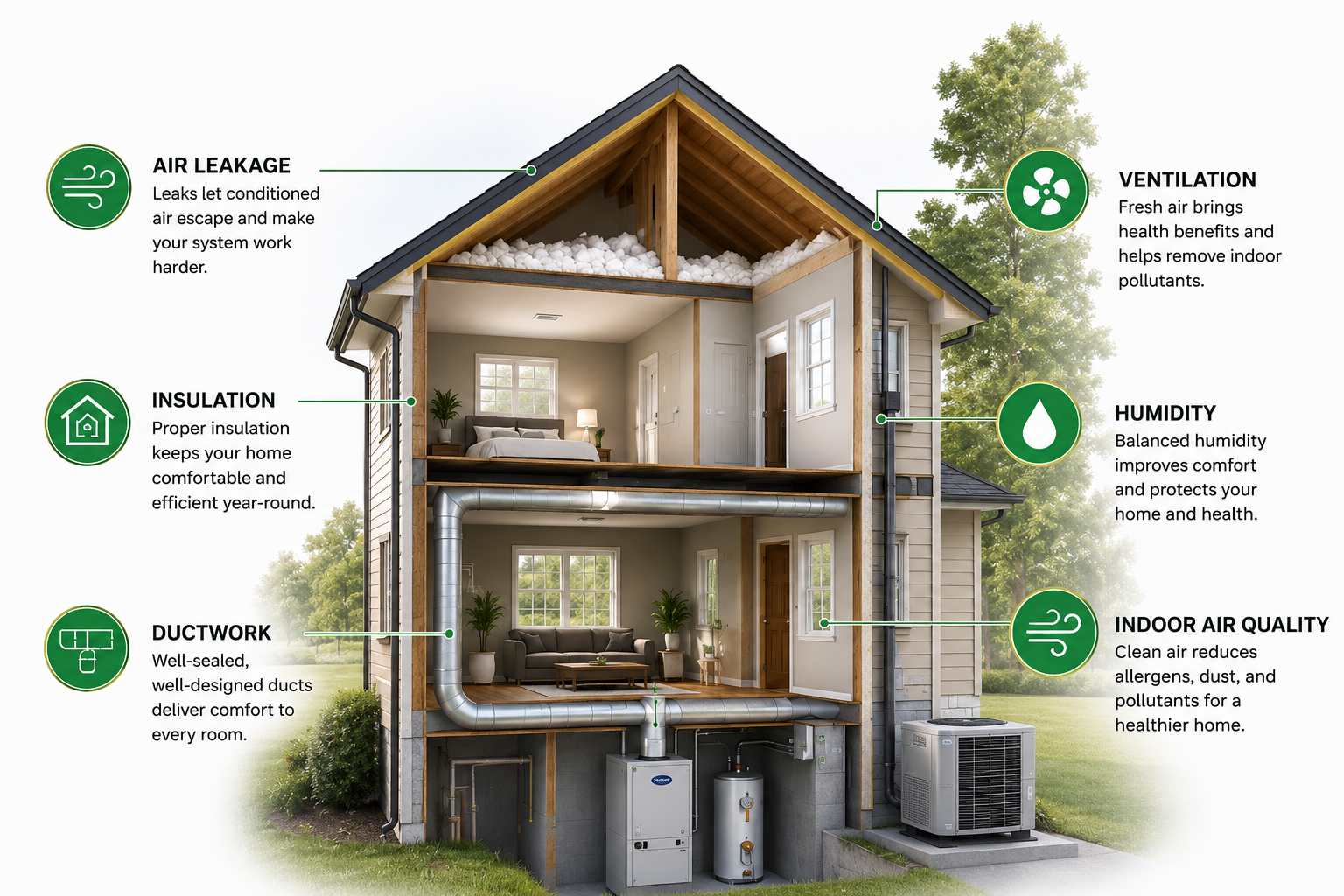 Cross-section of a house showing insulation, ductwork, ventilation, humidity control, indoor air quality, and air leakage features in a house with trees outside.