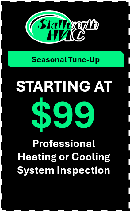 Advertisement for Stallworth HVAC's seasonal tune-up services, starting at $99, including professional heating or cooling system inspection.
