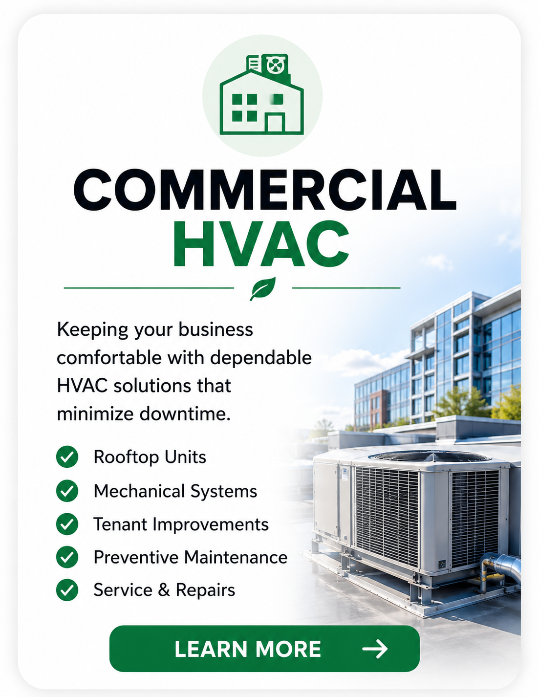 Flyer advertising commercial HVAC services with a building and rooftop units in the background.