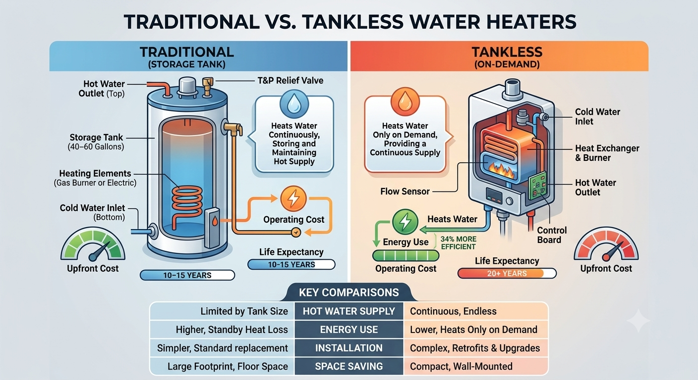 Comparison infographic of traditional storage tanks versus tankless water heaters. Traditional tanks show a large cylinder with components like hot water outlet, storage tank, heating elements, and cold water inlet, with an upfront cost gauge indicating 10-15 years lifespan. Tankless water heaters are depicted as a compact, wall-mounted unit with features like cold water inlet, heat exchanger, burner, hot water outlet, control board, and flow sensor, with an upfront cost gauge showing lower initial cost. Key comparisons highlight tankless heaters as unlimited hot water supply, more energy-efficient, easier to install, space-saving, and with a lifespan over 20 years.