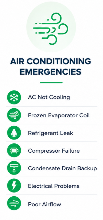 Checklist of air conditioning emergencies including AC not cooling, frozen evaporator coil, refrigerant leak, compressor failure, condensate drain backup, electrical problems, and poor airflow.