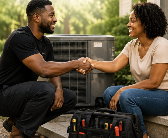 A man and woman are sitting outdoors, smiling and shaking hands, with a large HVAC unit and a tool bag nearby.