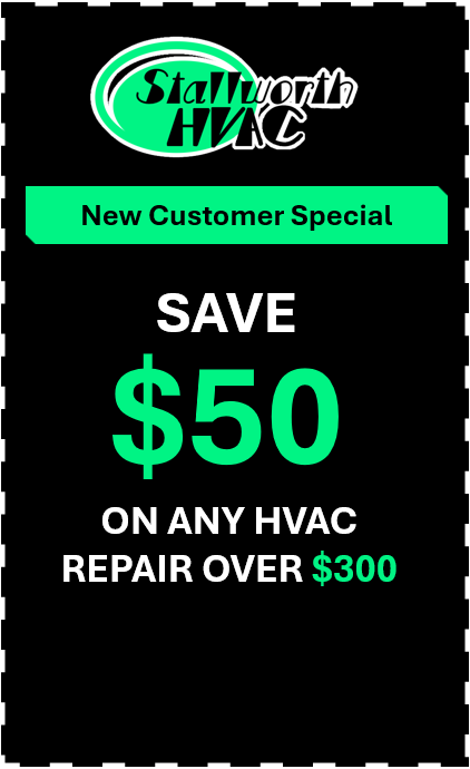 HVAC service promotion with a special offer for new customers, offering a $50 discount on repairs over $300, displayed on a black background with green and white text.