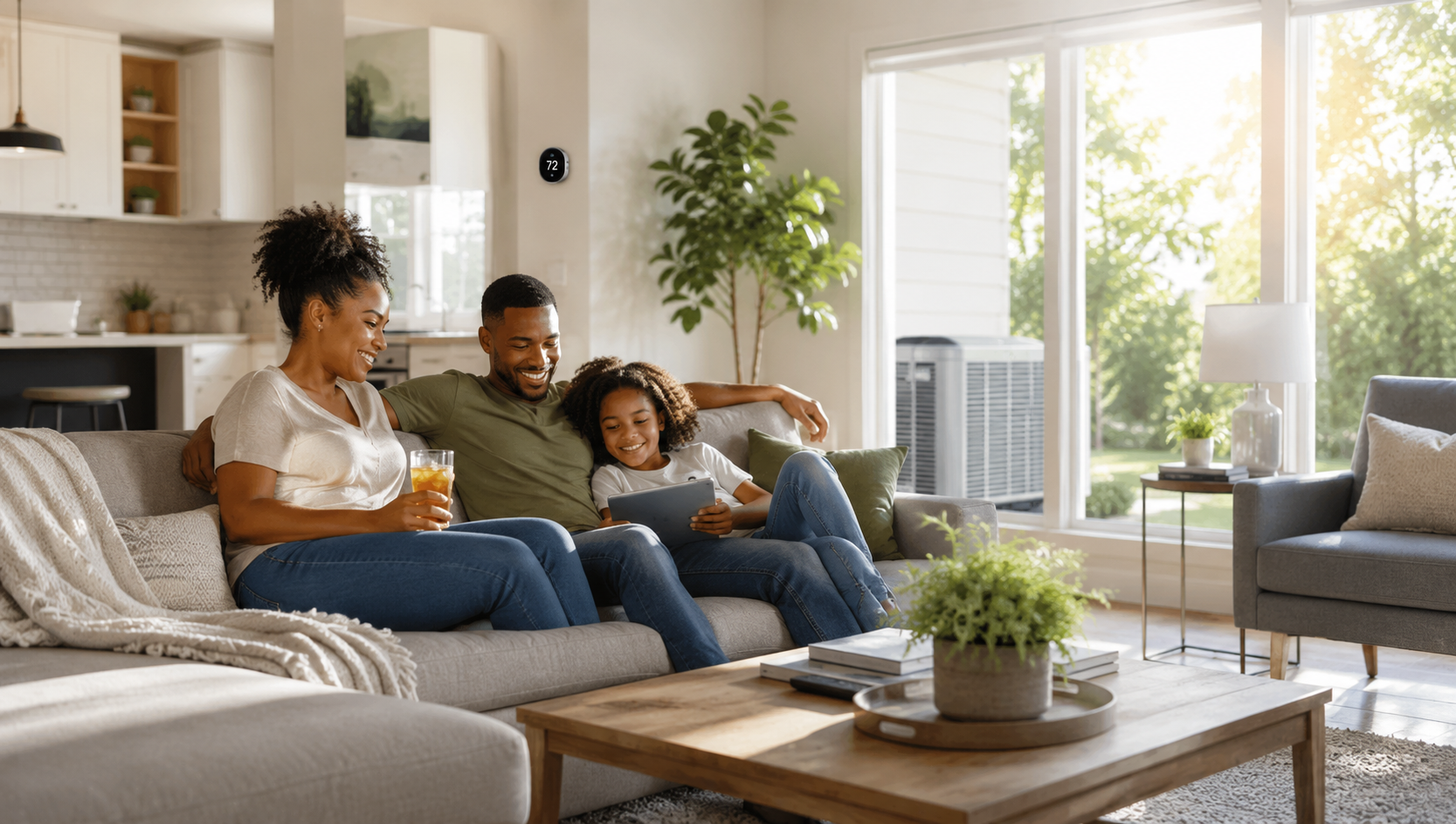 Family of three with a woman, man, and young girl sitting on a couch in a bright living room, looking at a tablet and smiling, with large windows letting in sunlight.