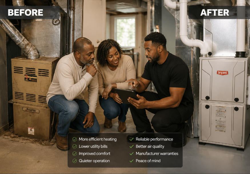 Comparison photo of a HVAC technician explaining heating system improvements to a couple, with 'Before' showing an old furnace and 'After' showing a new HVAC unit and benefits list.