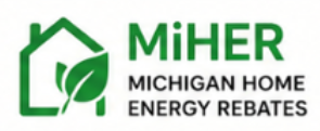 Logo for MiHER Michigan Home Energy Rebates with a house outline and a leaf